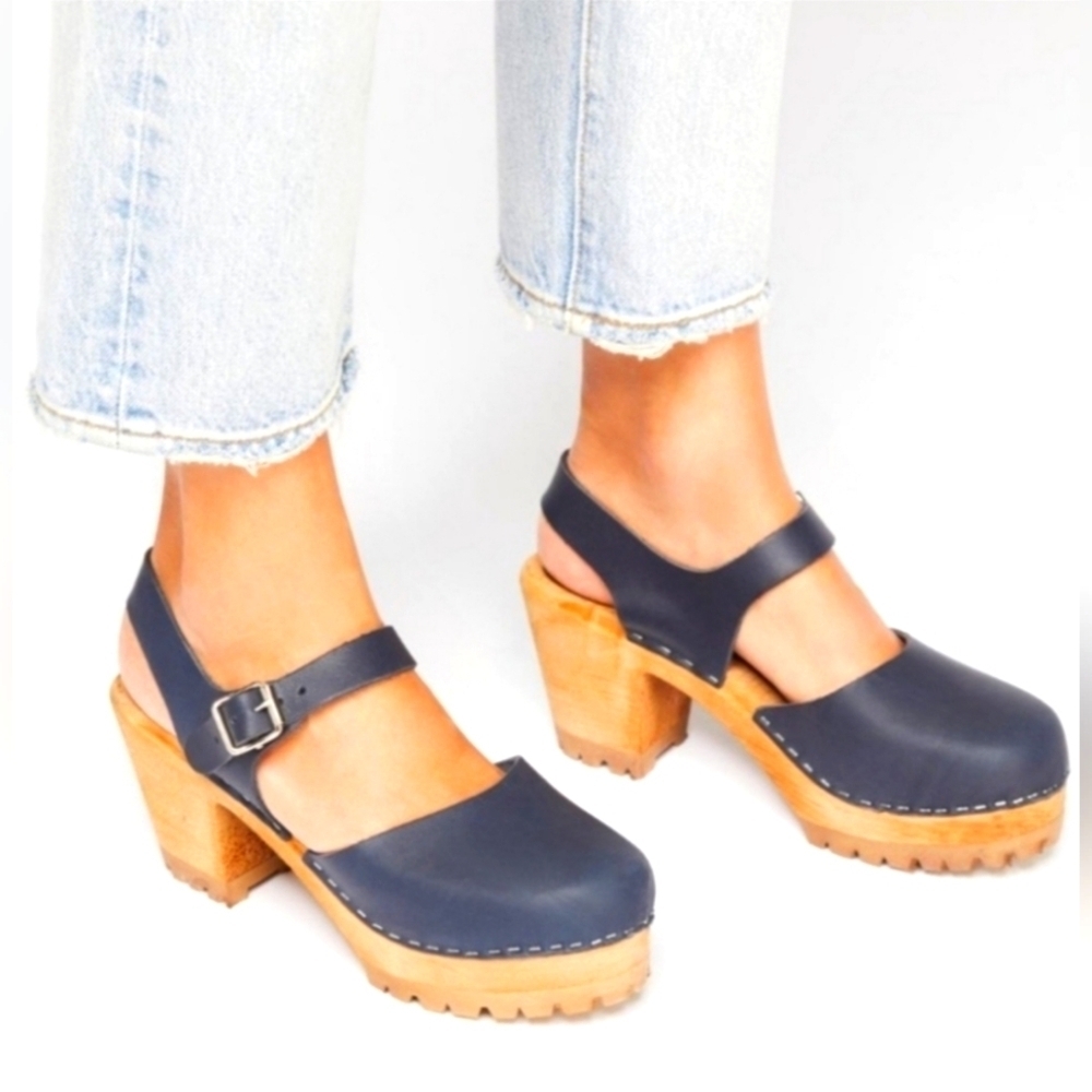 Mia Navy Blue Leather Clogs